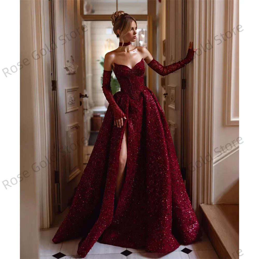 Exquisite Sequined Evening Dresses for Women Wine Red Beading Vestidos De Noche Wedding Party Princess Customized Wedding Dress