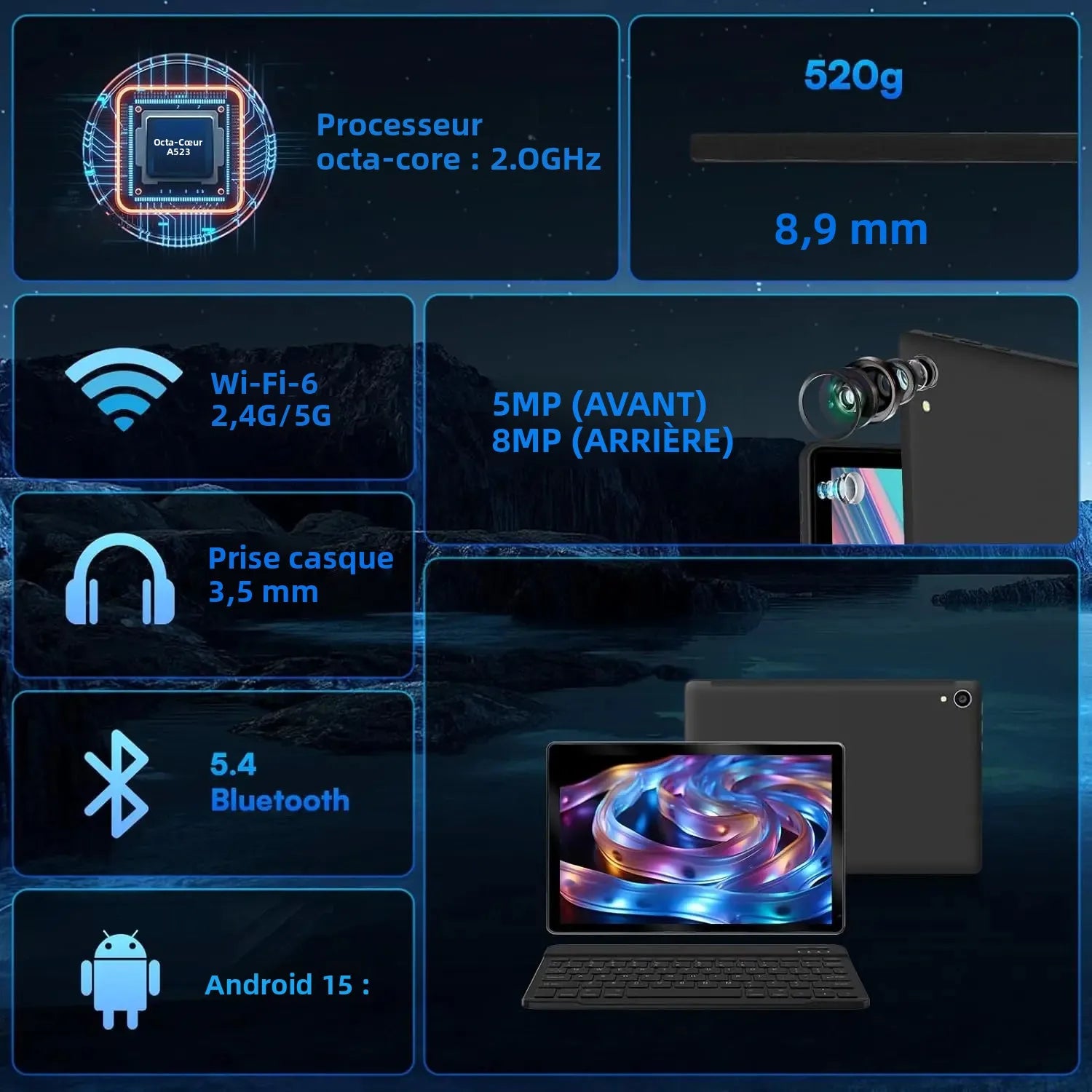 10 Inch Tablet Android 15 A523 8 Core Tablets 24GB+128GB 1TB Expansion WiFi 6 5MP+8MP Stylus Keyboard Mouse Headphone PC PAD Set