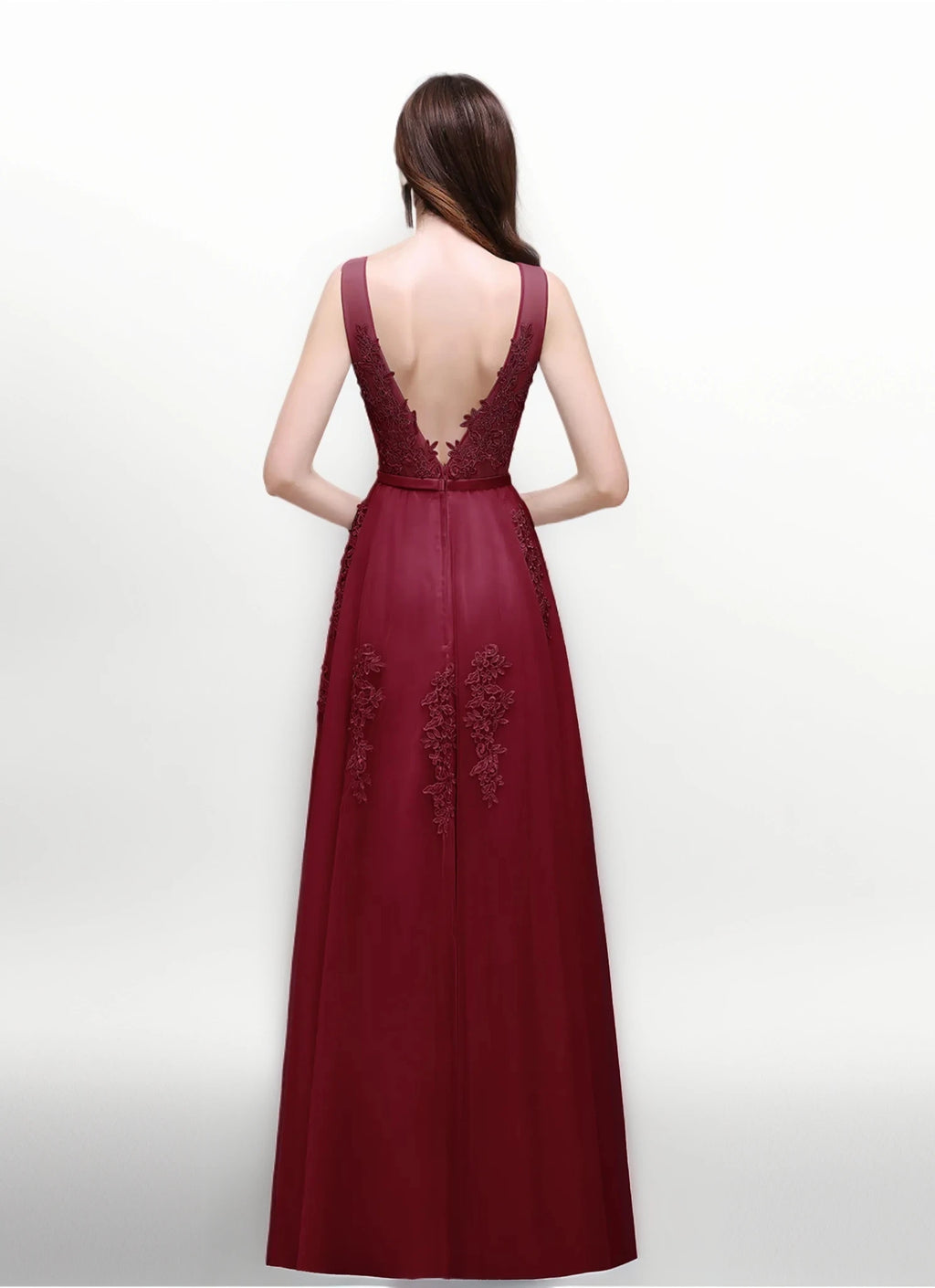 Women Burgundy Evening Dress Lace Appliques Tulle V-Neck Sexy Backless Prom Dresses A-Line Floor-Length Sleeveless Party Vestido