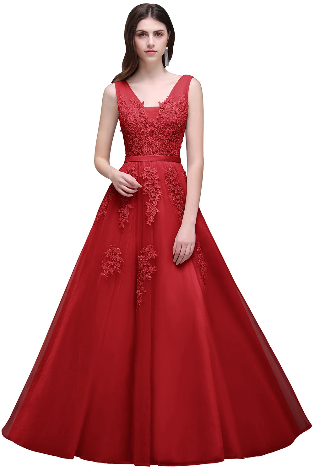 Women Burgundy Evening Dress Lace Appliques Tulle V-Neck Sexy Backless Prom Dresses A-Line Floor-Length Sleeveless Party Vestido