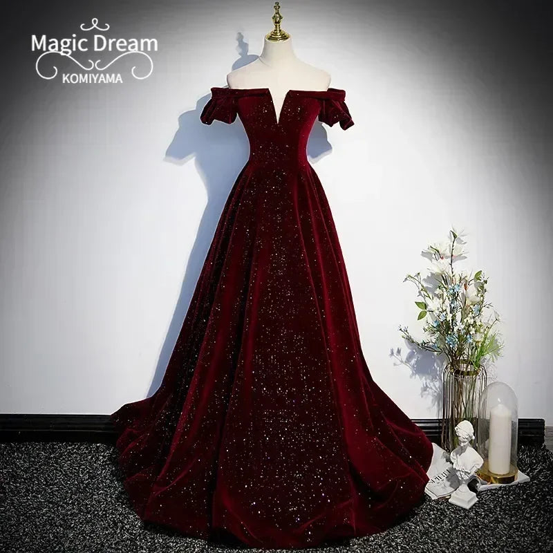 Customized One-shoulder Wine Red Velvet Evening Dress Female Slim Waist Temperament Slim Waist Wedding Party Vestidos Elegant Pr