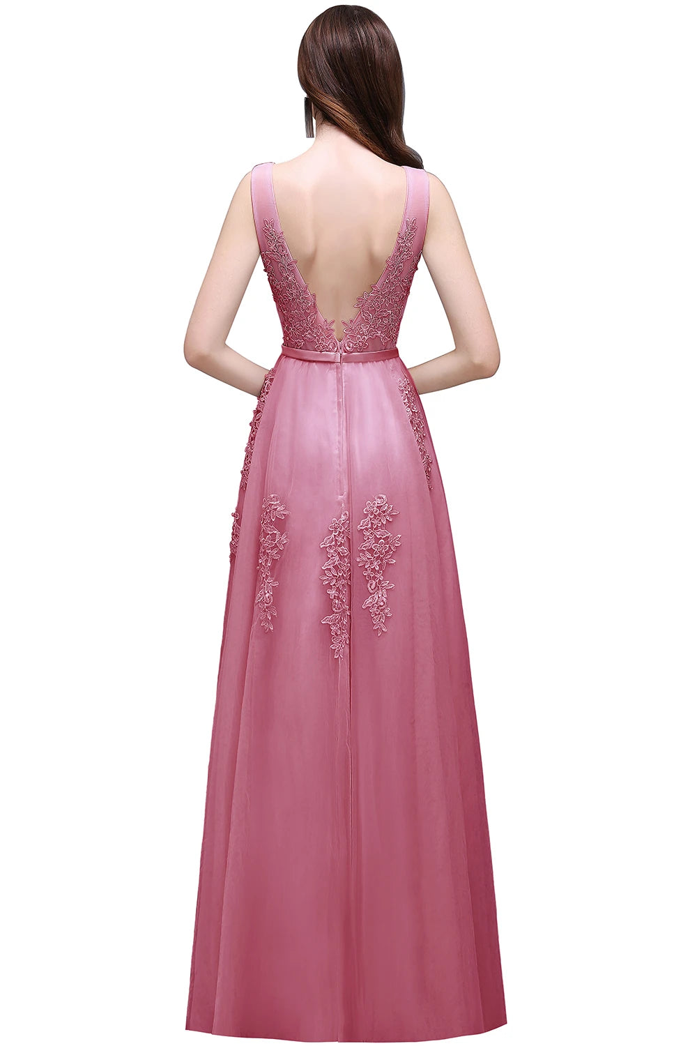 Women Burgundy Evening Dress Lace Appliques Tulle V-Neck Sexy Backless Prom Dresses A-Line Floor-Length Sleeveless Party Vestido