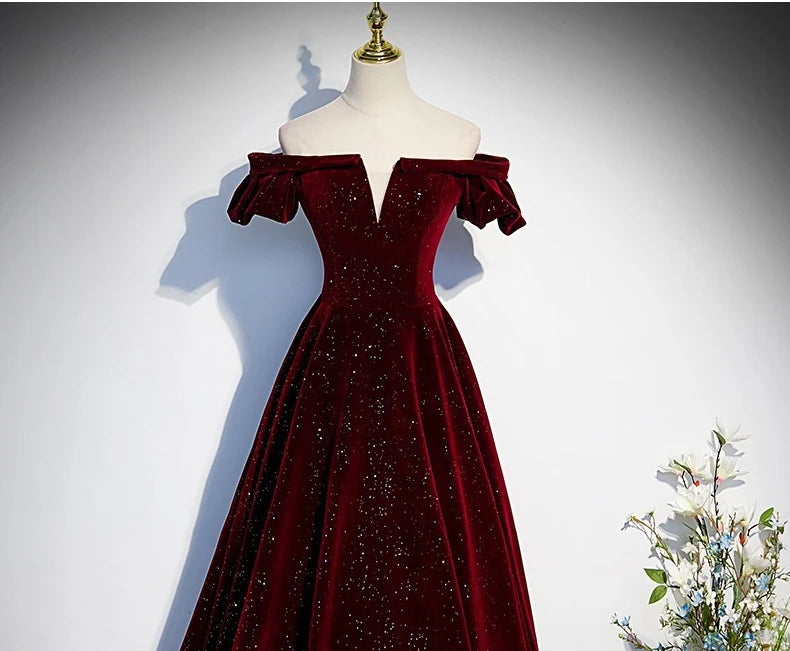 Customized One-shoulder Wine Red Velvet Evening Dress Female Slim Waist Temperament Slim Waist Wedding Party Vestidos Elegant Pr