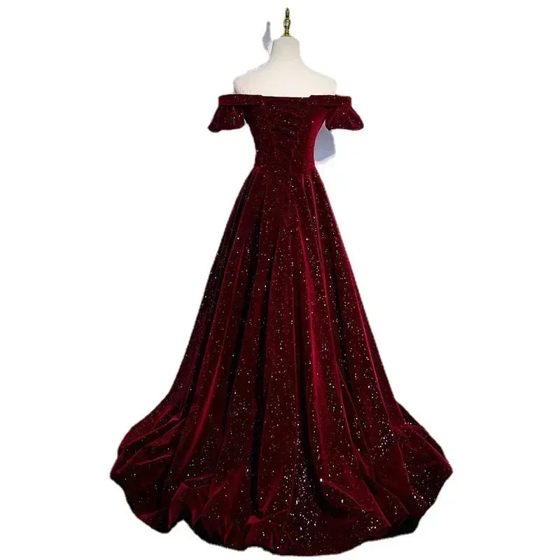 Customized One-shoulder Wine Red Velvet Evening Dress Female Slim Waist Temperament Slim Waist Wedding Party Vestidos Elegant Pr