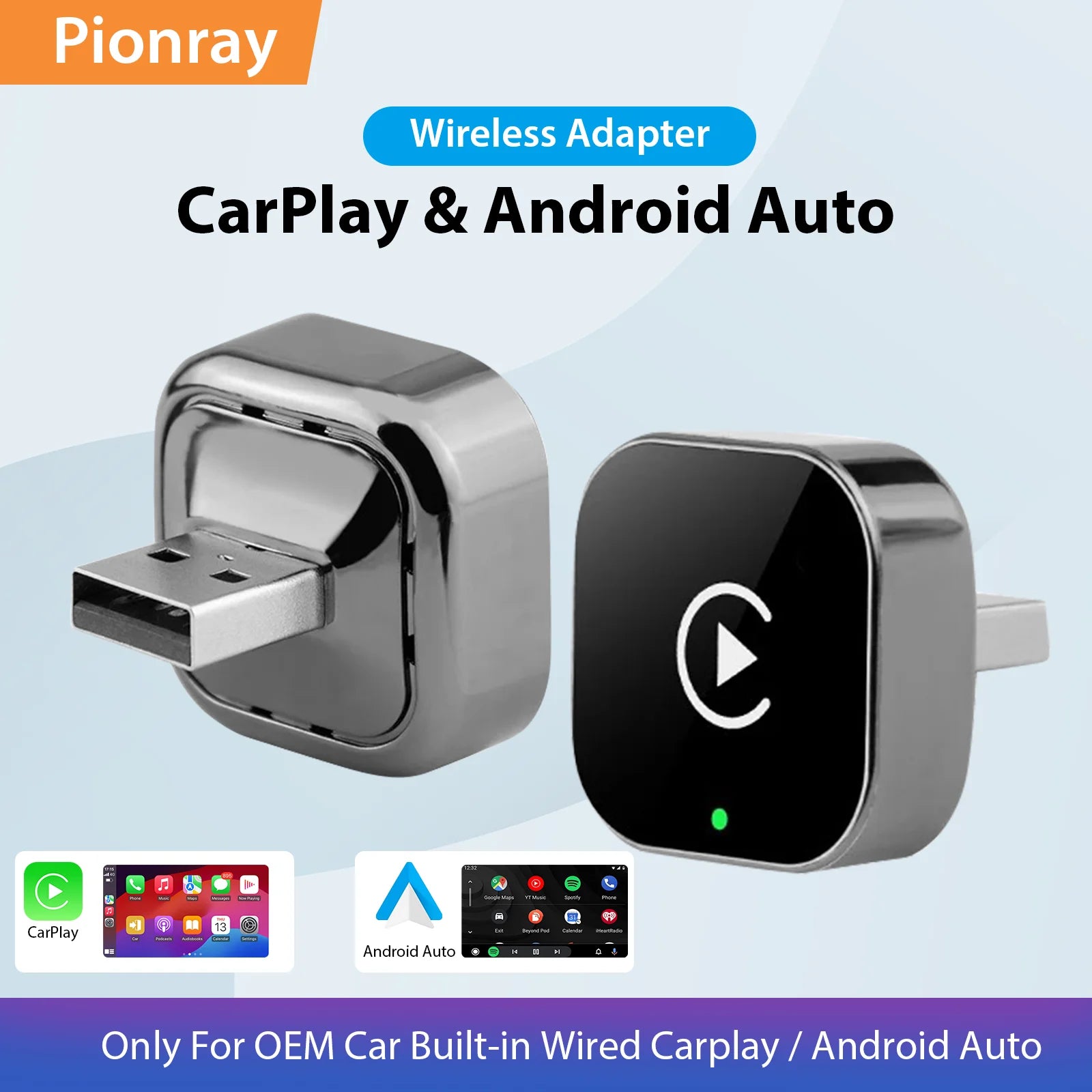 New Pionray 2 in 1 Wireless CarPlay Adapter&Android Auto Wireless Adapter, 5Ghz WiFi Type-C/USB Plug Play CarPlay Wireless
