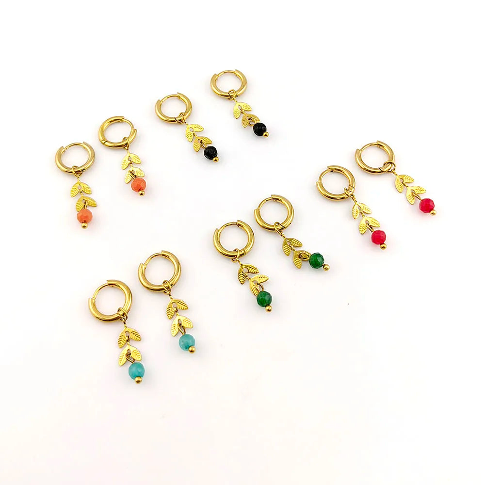 HUIDANG Trendy Earrings 2025 Boucles d'oreilles Woman Stainless Steel Leaf Charm Small Hoop Earrings With Stone