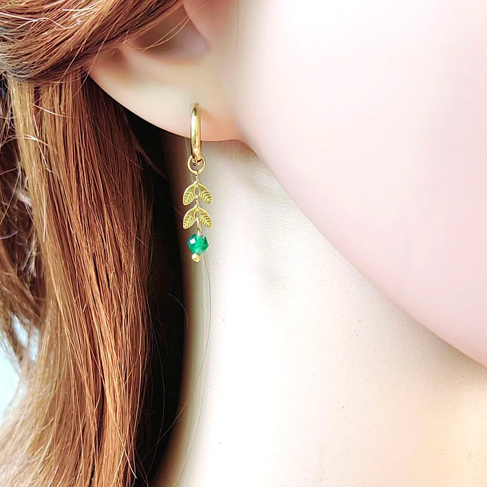 HUIDANG Trendy Earrings 2025 Boucles d'oreilles Woman Stainless Steel Leaf Charm Small Hoop Earrings With Stone